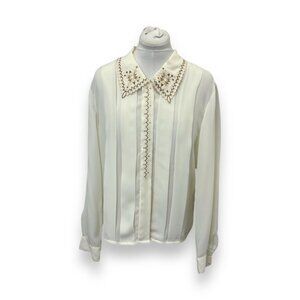 Vintage Jordan Womens Blouse Ecru/Pearl White Long Sleeve Embroidered Collar L